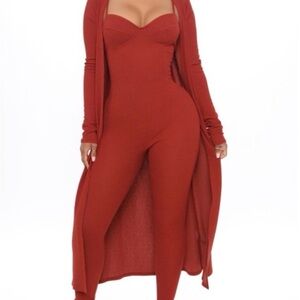 Fashion Nova Rust Jumpsuit with Long Cardigan